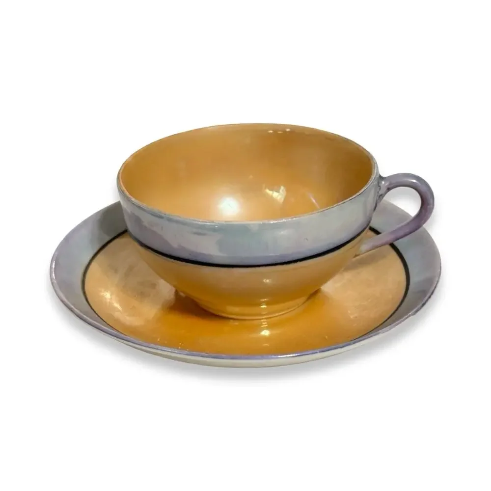 Vintage 1930s Japan Art Deco Lusterware Cup Saucer Butterscotch Gray Black